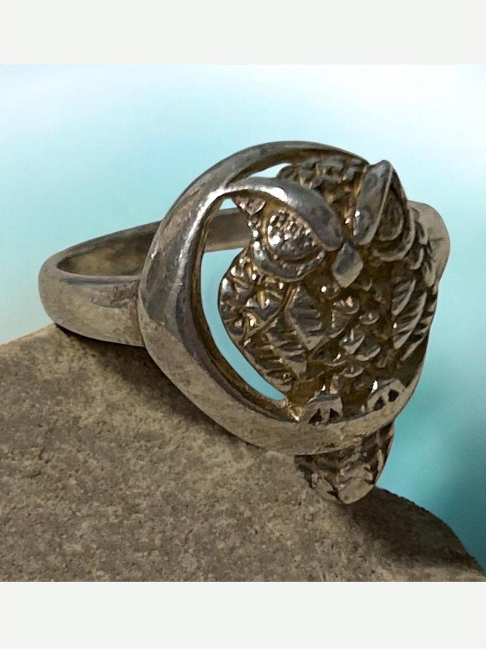 Vintage 70’s  Sterling Silver Owl Moon Ring